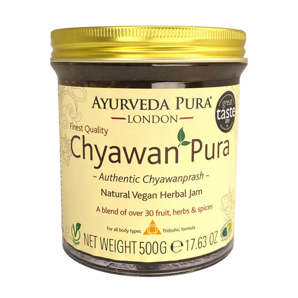 Holistic Essentials Chyawanprash in decorative jar, rich in natural Vitamin C, sourced from the Himalayas.